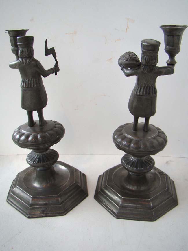 A nice pair of early 18th century Dutch pewter candlesticks depicting a Butcher and a Baker — image 7